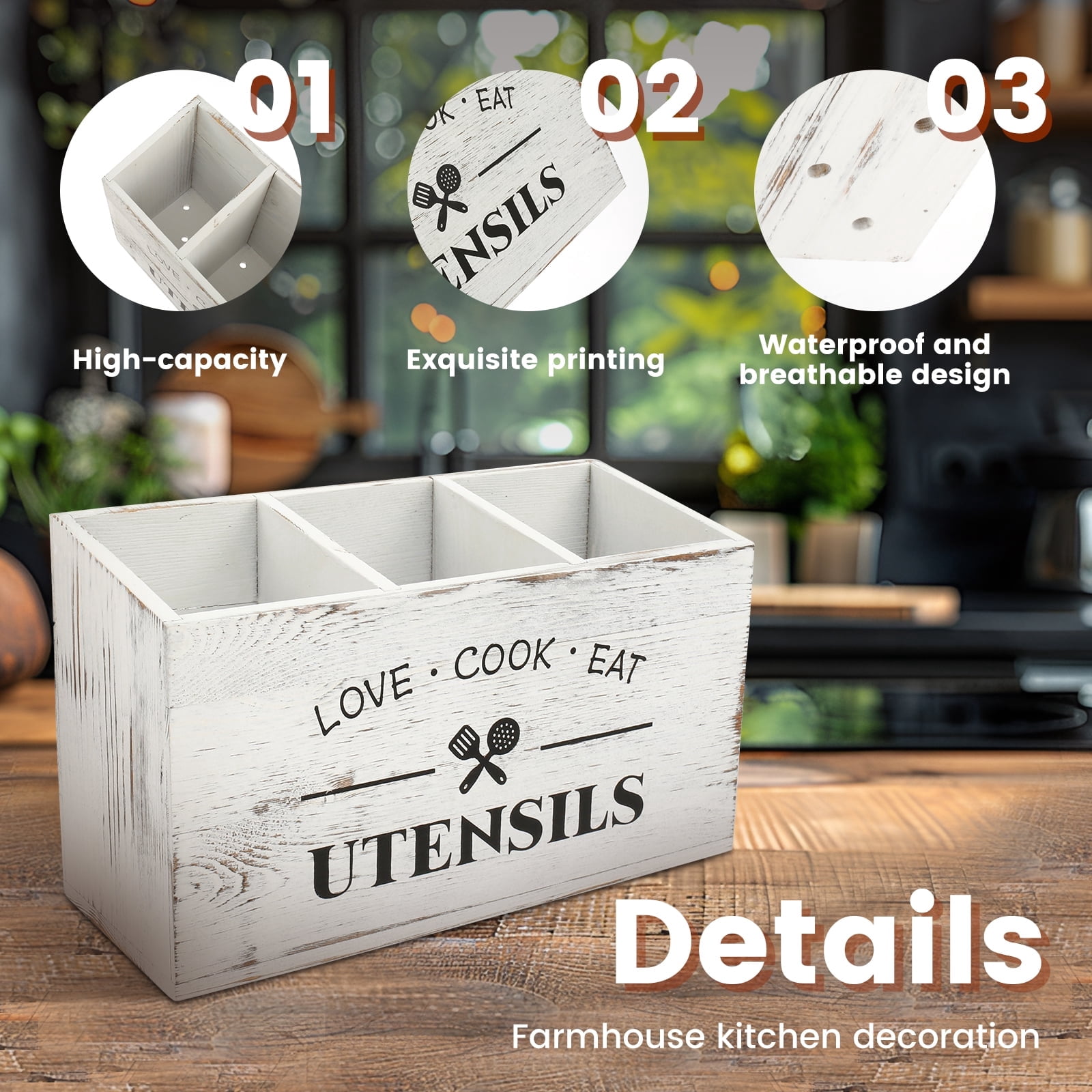 Wooden Kitchen Utensil Holder with 3 Compartments, Utensil Storage Organizer, Rustic Cooking Tools Storage for Kitchen Counter, Farmhouse Decoration