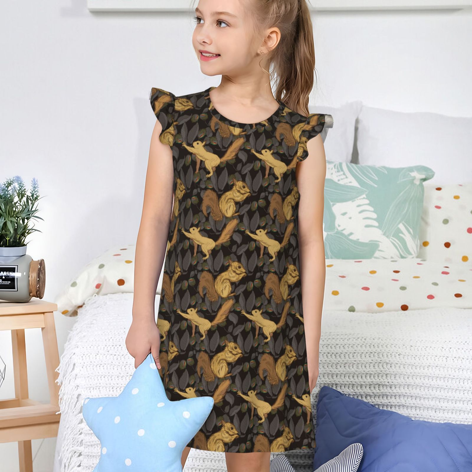 Fuzoiu Brown Squirrel With Plants Print Girls Nightgowns Pajamas Dress