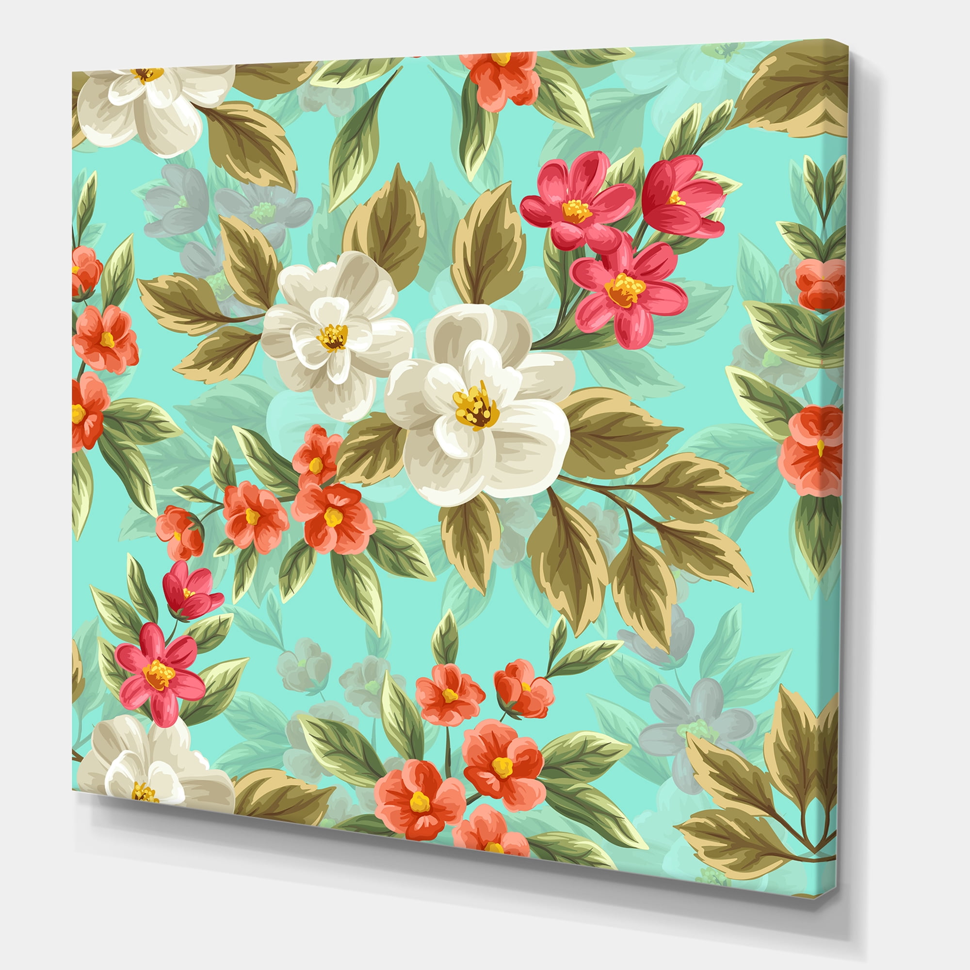 Designart ' Red and White Floral Seamless Pattern ' Traditional Canvas Wall Art Print