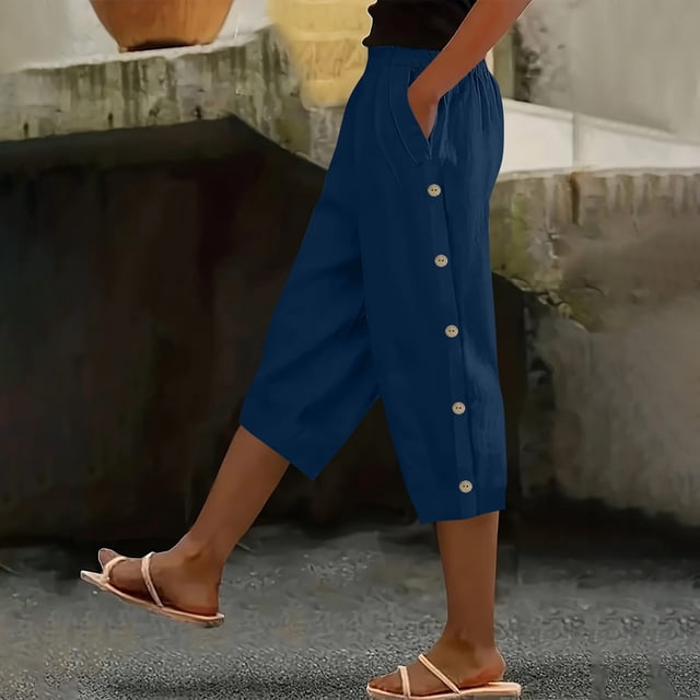 TaTaai Women's Casual 7/8 Length Pants Straight Leg Linen-Like Fabric with Elastic Waistband Side Pockets and Decorative Buttons for Spring Summer Outfits Gift