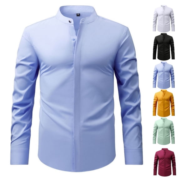 Men's Banded Collar Dress Shirts Long Sleeve Button Down Shirt Casual Solid Formal Regular Fit Blouse Business Work Tee