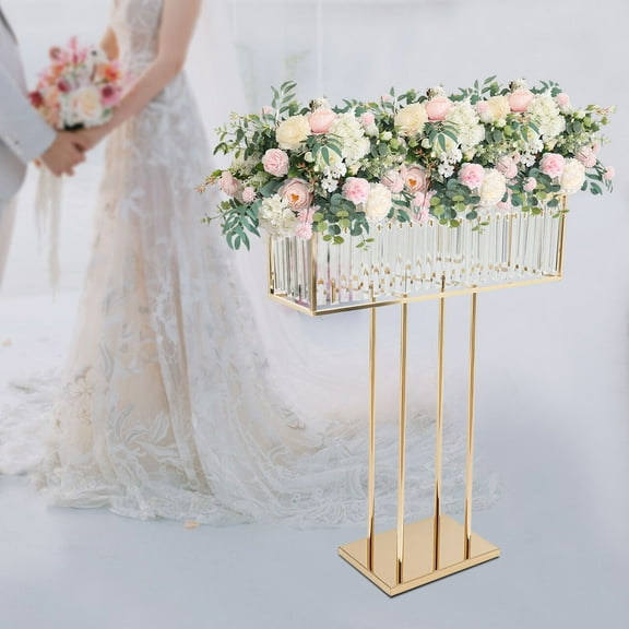 Crystal Flower Stand, Wedding Gold Centerpieces with Hanging Acrylic Crystals，Perfect for Wedding Aisle, Party, Home and Hotel Decor