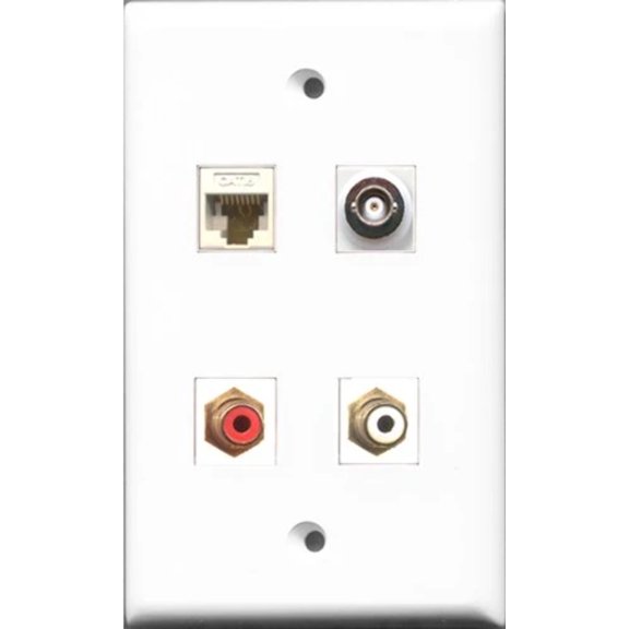 RiteAV 1 Port RCA Red and 1 Port RCA White and 1 Port BNC and 1 Port Cat6 Ethernet White Wall Plate