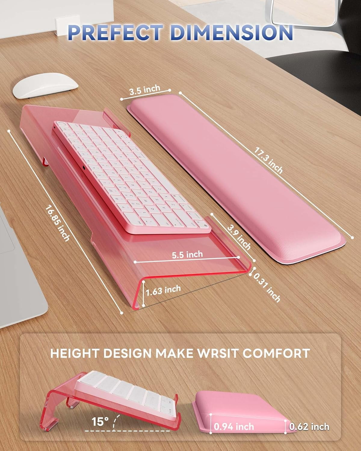 Computer Keyboard Wrist Rest Stand for Desktop, Keyboard Holder for Easy Typing with Wrist Pad for Office Desk, Home, School (Pink)