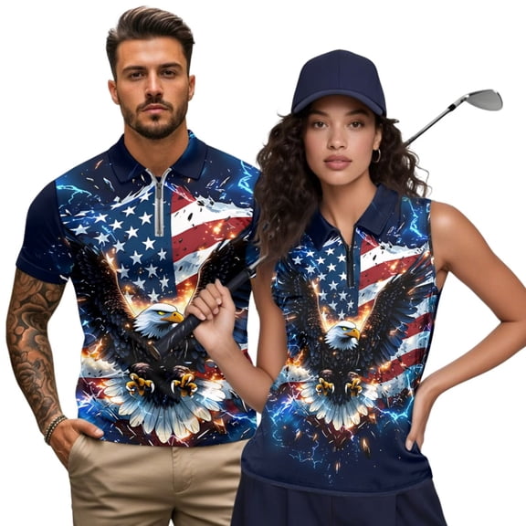 Aplkyhs American Flag Eagle Matching Golf Shirts for Couple Quarter Zip His and Hers Golf Shirts Matching Moisture Wicking Mens Hawaiian Shirt Lapel Design Golf Accessories for Men