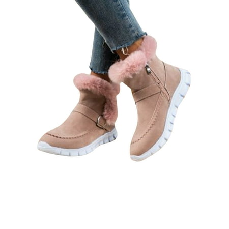 

Ferndule Womens Flat Warm Ankle Boot Walking Comfortable Buckle Winter Shoes Lightweight Round Toe Comfort Booties Pink 5.5