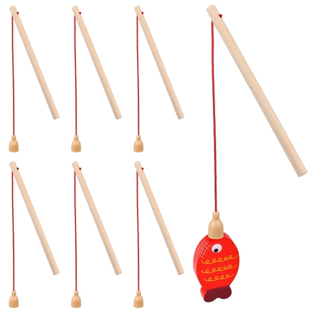 8 cañas de pescar magnéticas de madera para niños de preescolar kit de ocho varillas de madera clara (16 cm) con cordón rojo y casquillo magnético beige; una caña muestra un pez magnético rojo decorado colgando. Superficie lisa, diseño ligero y apto para juego didáctico en interiores. También suele usarse junto con tarjetas de juego para actividades de pesca simulada.
