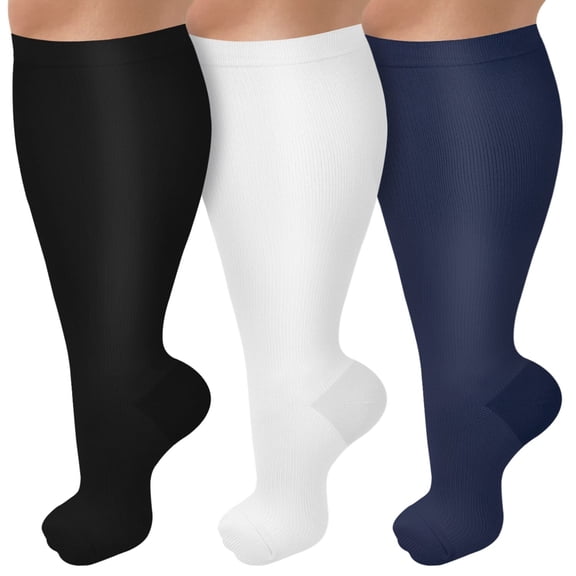 3 Pairs Copper Compression Socks for Plus Size Women & Men Circulation 20-30 mmHg Knee High- Better Blood Flow, Swelling, Best Support for Medical, Running, Nursing