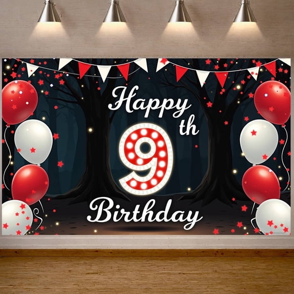 Red White Theme Happy 9th Birthday Banner Star Decorative 9th Birthday Display Lighted Number 9 Dark Forest Backdrop Birthday Backdrop for 9th Birthday Party Kids Birthday Photo Shoot