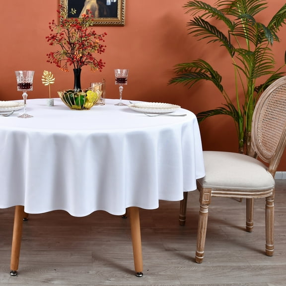 MEANMOY White 210 GSM Water & Stain Resistant Round Tablecloth for Circle Table - Solid 48 Inch Table Cloth Cover in Wrinkle Free Durable Washable Polyester Fabric for Wedding, Party, Banquet