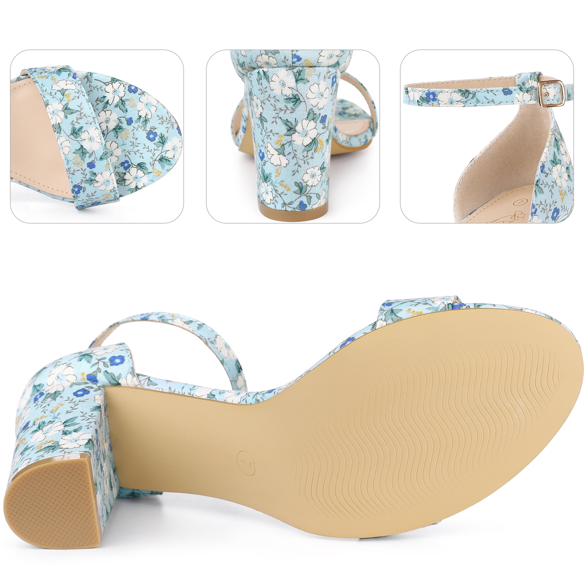 DARING DIVA Women's Floral Open Toe Ankle Strap Chunky Heel Sandals Blue 8