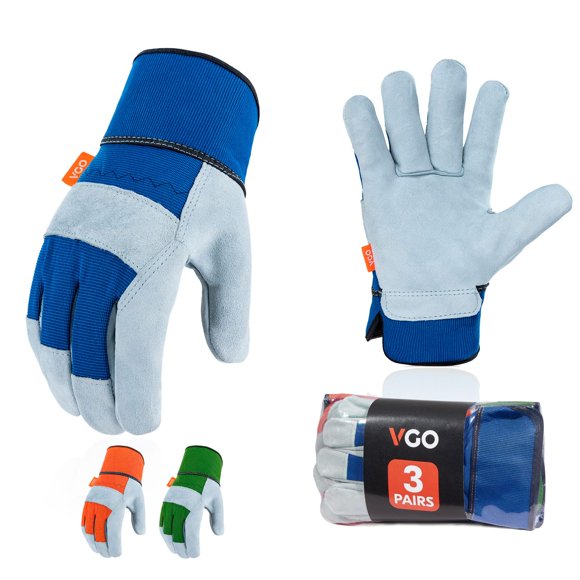 Vgo 3 Paires de Gants de Sécurité en Cuir pour Hommes, Gants de Jardinage, Gants de Glisseur, Gants de Chantier (TG, Bleu+vert+orange, CB3501)