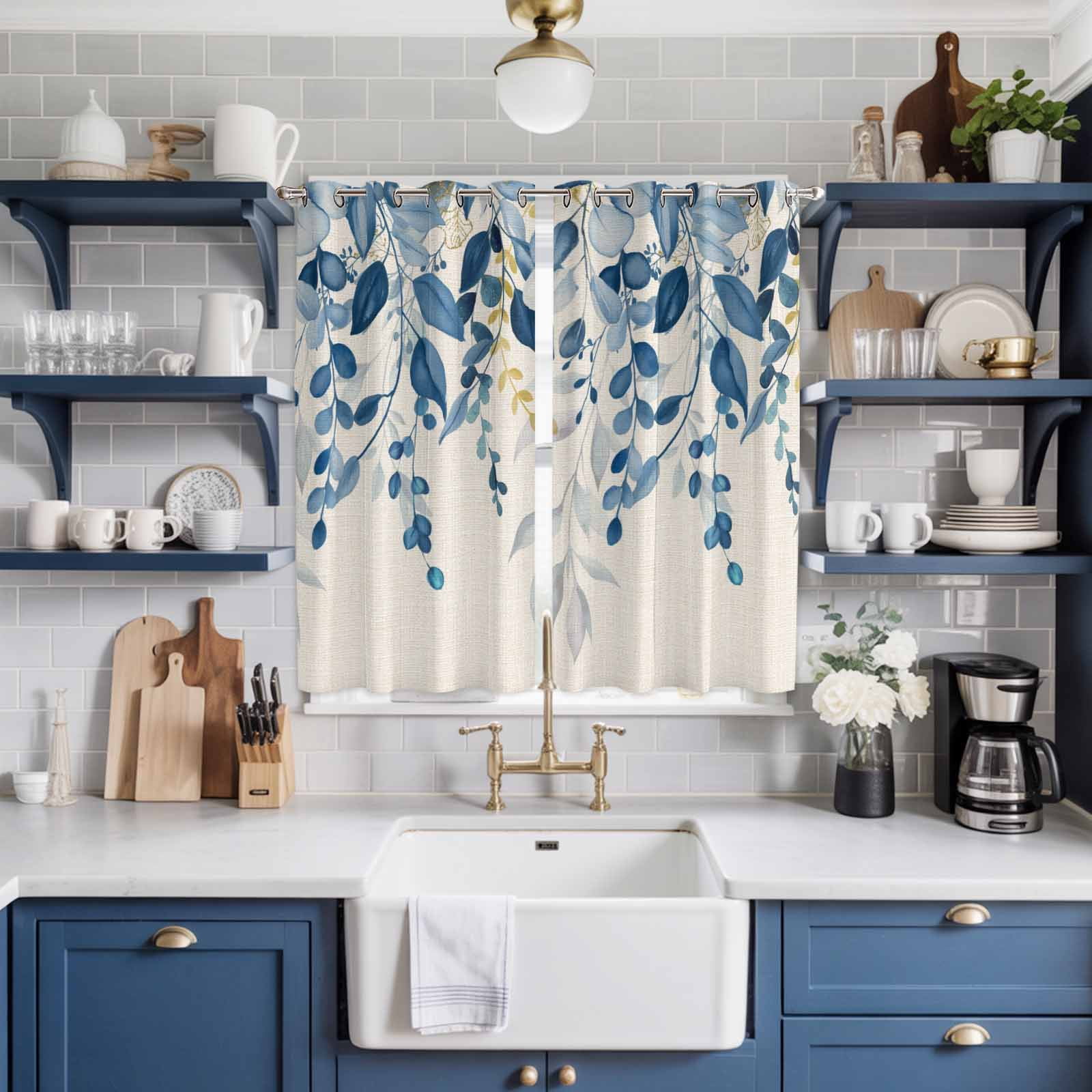 Curtains 63 Inch Length 2 Panels, Blue Eucalyptus Grommets Window Treatment Curtain, Farmhouse Weeping Leaves Linen Thermal Curtains Drapes for Living Room/Bathroom