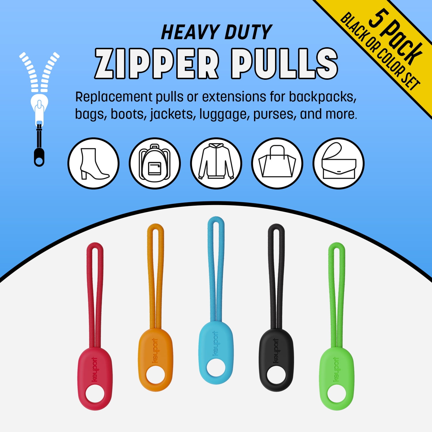 Keyport Para Pull 5-Pack (Colored) - Premium Nylon Paracord Zipper Pulls,  Heavy Duty, Bags, Puller