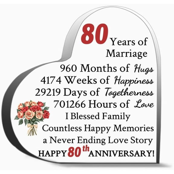 80th Anniversary Keepsakes for Couple, 4"L x 4"W x 0.4"H Inch Heart Shaped Acrylic Decor, Valentine's Day Gift for Women, Acrylic Heart Sign Office Art Decor