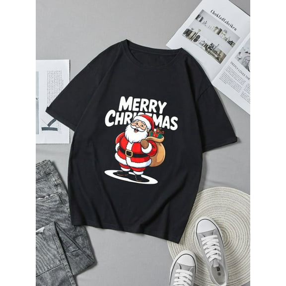 Christmas Santa Claus Suit Merry Print Holiday Party Black Graphic T-Shirt for Men and Women Tops Tee