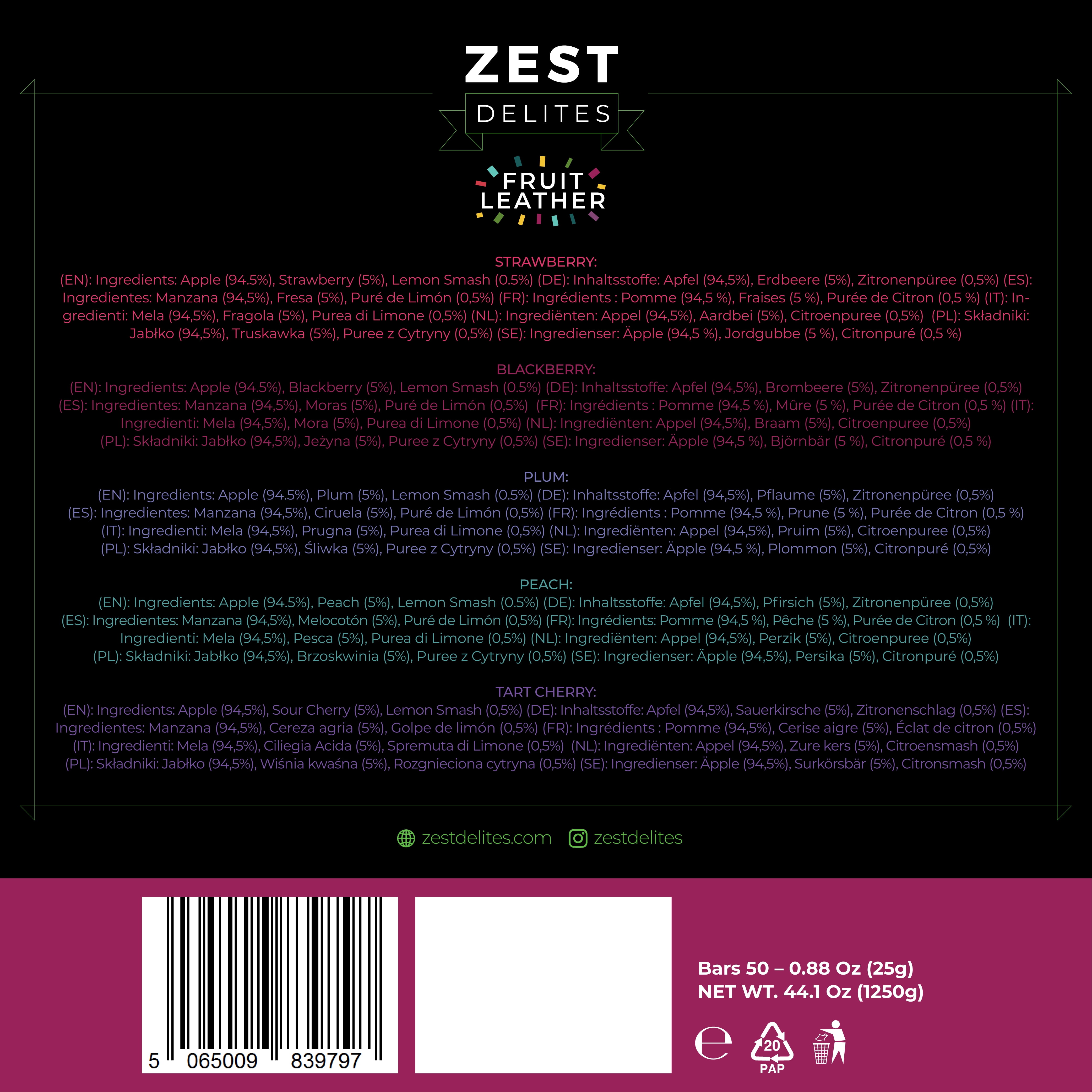 Zest Delites Fruit Leather Snacks Bulk, Vegan Fruit Bars, Healthy Snacks for Adults, 50 Pack