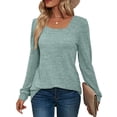thumbnail image 1 of Camiseta de manga larga para mujer, camiseta informal holgada de Color puro, sudadera transpirable de moda para mujer, color verde guisante XL, 1 of 6