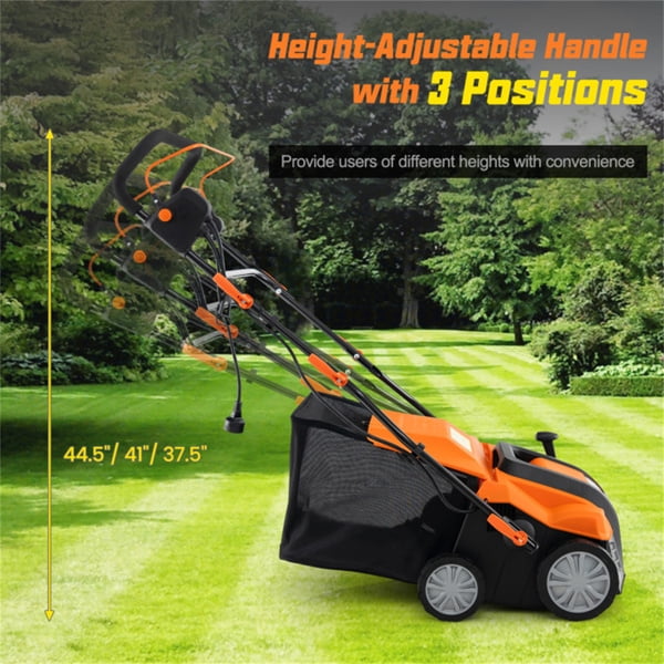 imerelez Corded Electric Lawn Mower:Corded Electric Lawn Dethatcher with 16-Inch Cutting Width, Wear-Resistant Wheels & Large Removable Grass Bag for Home Lawn - Orange