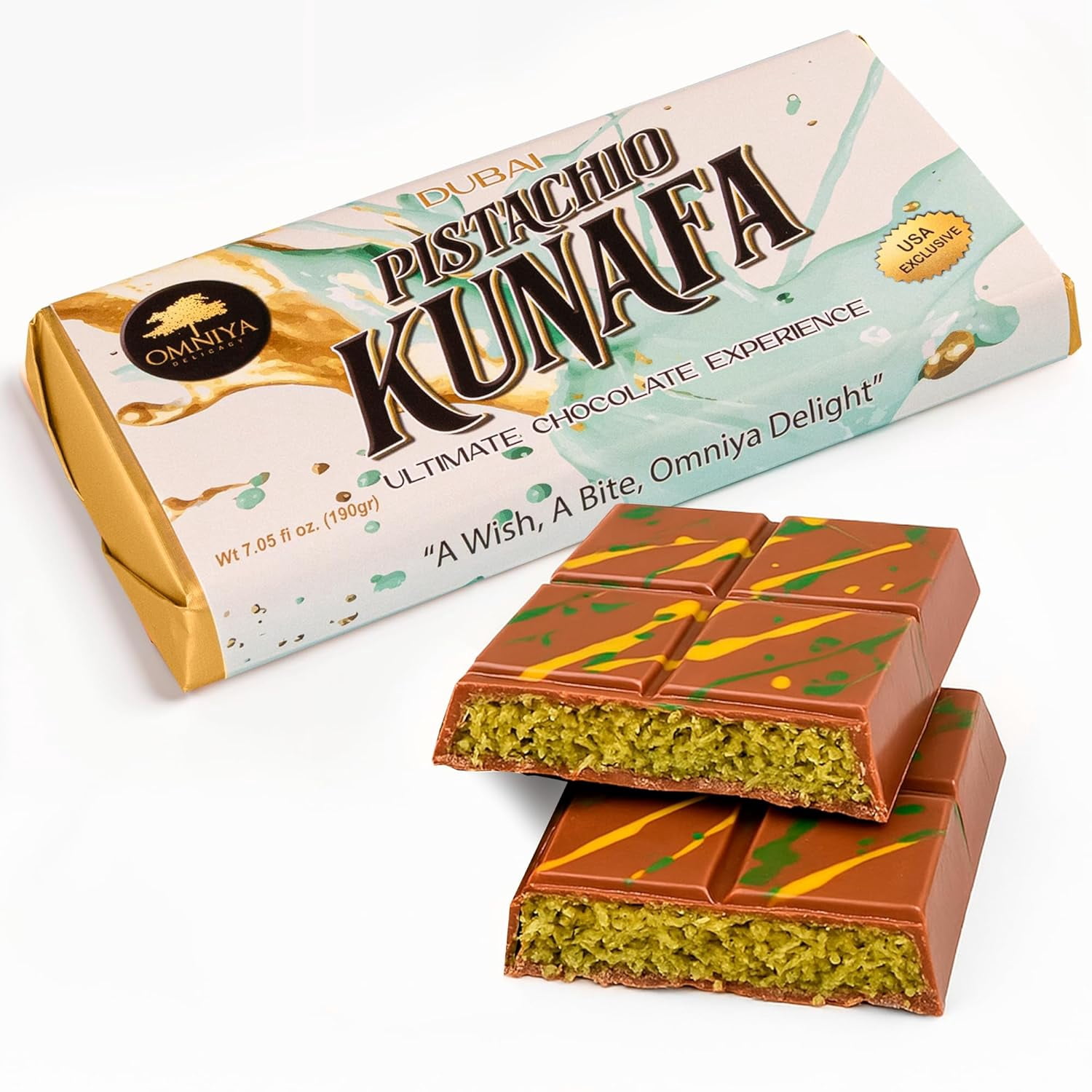 OMNIYA Delicacy Dubai Viral Kunafa Pistachio Milk Chocolate Bar, Crispy, 1 Count, 190g