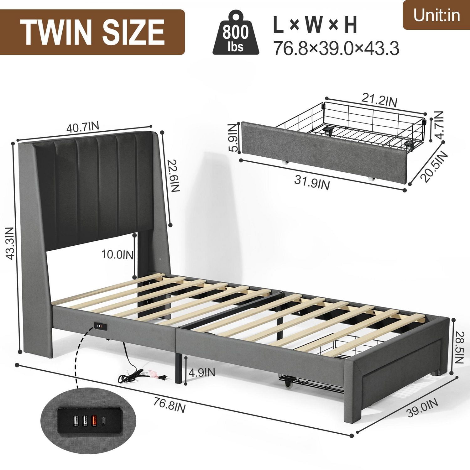 Ensemble de lit pour enfant Homy Casa avec tête de lit rembourrée, support à lattes en bois, ports de chargement USB et tiroirs de rangement.