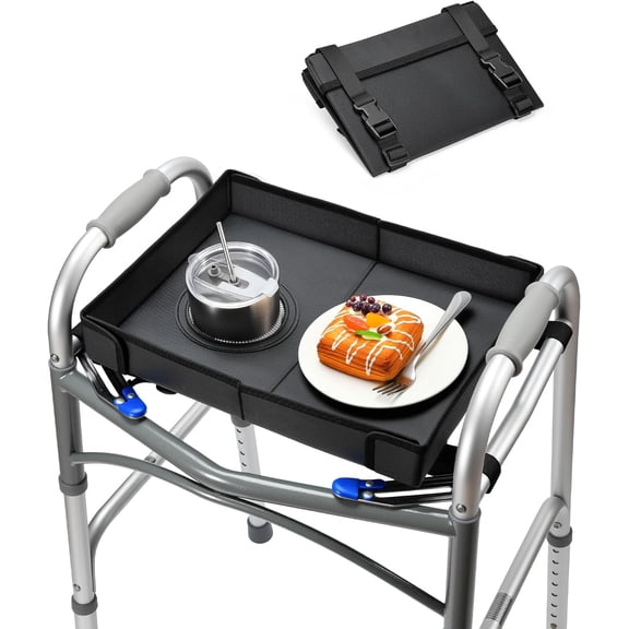 Walker Tray for Folding Walker 2.0 – Upgraded Detachable Tray for Walkers with Extended Straps & Cup Holder, Fits Standard Folding Walkers with Side Bars, Mobility Accessory for Seniors