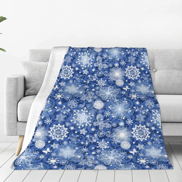 Fotbe whiet Snowflake blue background Manta de Franela Acolchonada con Estampado, Súper Suave y Esponjosa, Extra Grande para Sofá, Cama, Uso Todo el Año-80"x60"