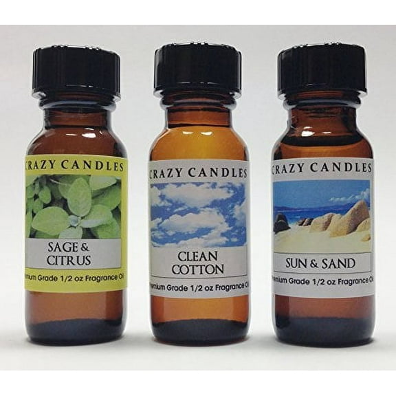 Crazy Candles 3 Bottles Set, 1 Sage and Citrus, 1 Clean Cotton, 1 Sun and Sand 12 Fl Oz Each 15ml Premium Grade Scented Fragranc
