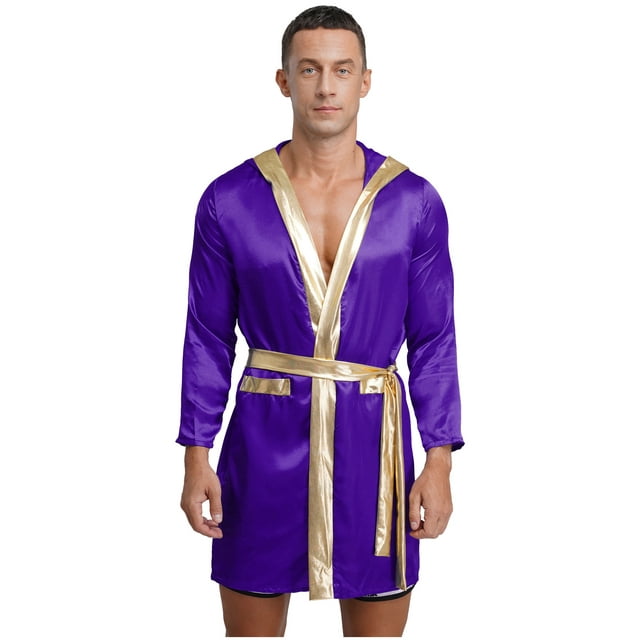YiZYiF Boxing Robe for Mens Satin Hooded Open Front Metallic Trim Cloak with Belt Purple 16