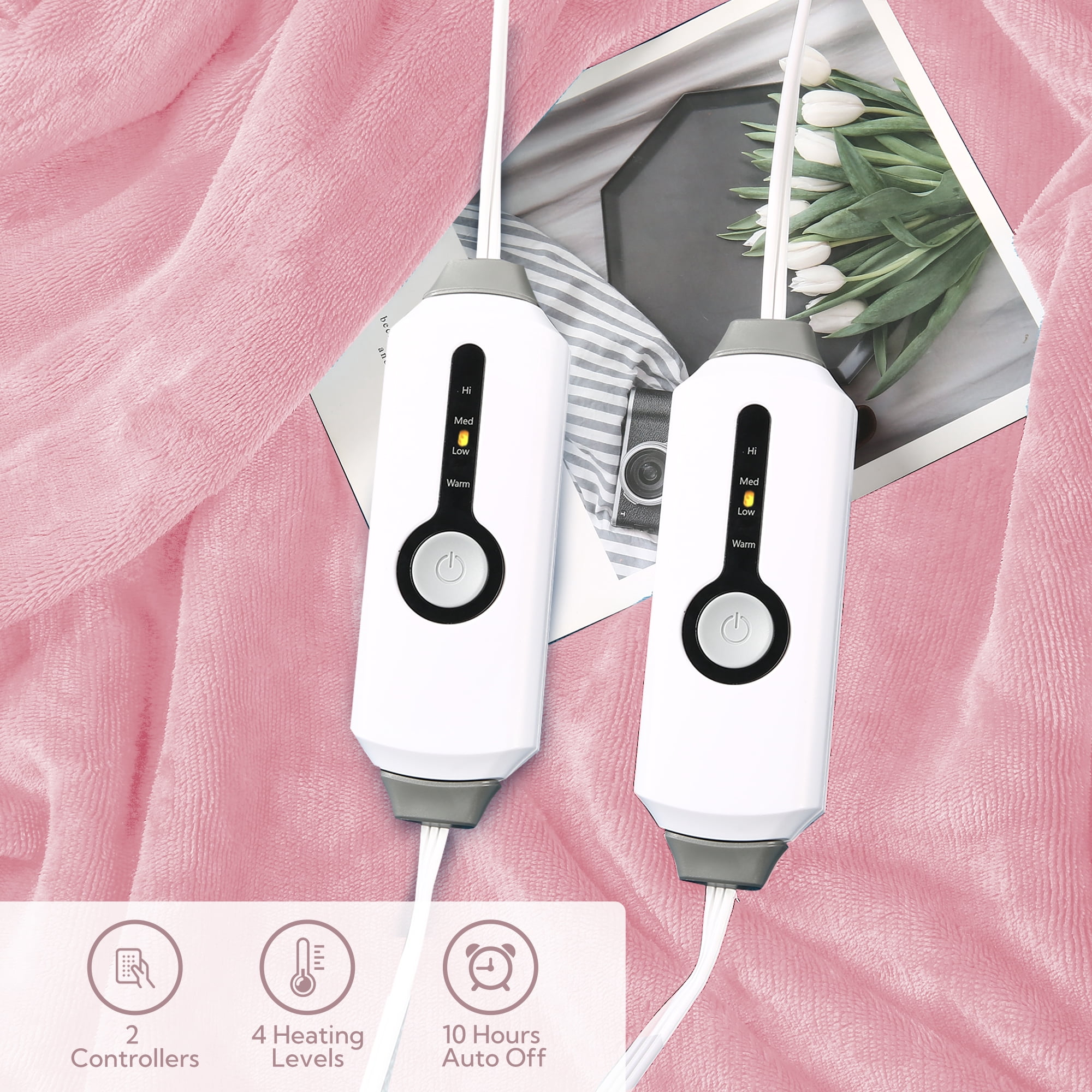 SUNNY HEAT Electric Heated Blanket Flannel 84" x 90" Queen Size-4 Heating Settings & 10 Hours Auto Off, Cozy Machine Washable-Pink