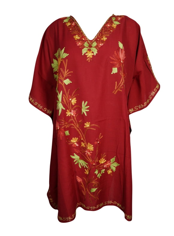 Mogul Womens Maroon Short Kaftan Dress Floral Embellished Cover Up Caftan One Size