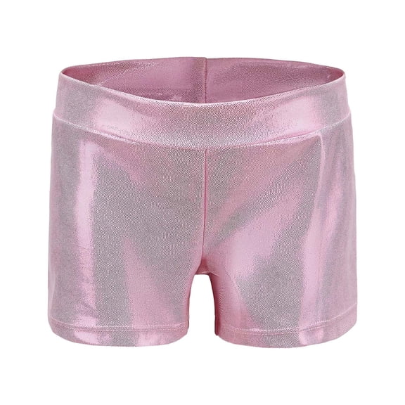 FINALGANG Girls Kids Solid Color Metallic Shiny Booty Shorts High Waist Stretch Fit Shorts For Stage Performance Party Wear Pink 9-10 Years