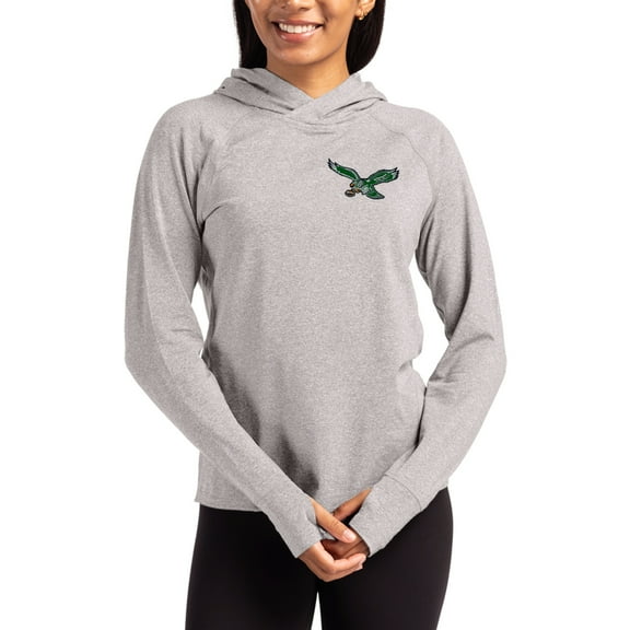 Women's Cutter & Buck Heather Gray Philadelphia Eagles Throwback Logo Adapt Knit Recycled Raglan Pullover Hoodie