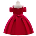thumbnail image 4 of Toddler Girls Casual Dresses Spring Summer Solid Color Ruffle Off Shoulder Sleeveless Princess Dress Streetwear, 4 of 5