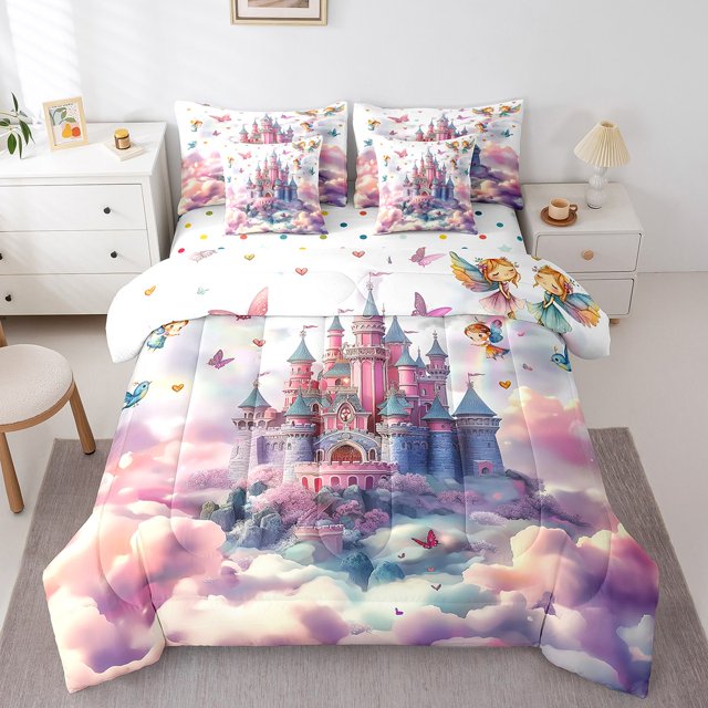 Erosebridal Girly Pink Castle Bedding Sets Full Size, Fairy Tale Comforter Sets with Sheets, Princess Style Decor, Reversible
