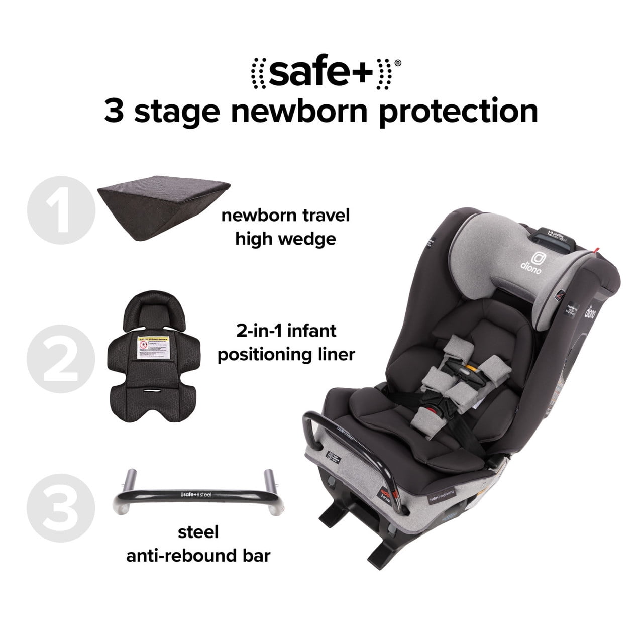 Diono Radian 3RXT SafePlus All-in-One Convertible Car Seat, Slim Fit 3 Across, Gray Slate