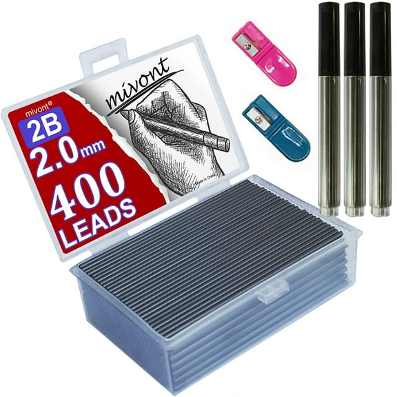 mivont 400pcs 2mm 2B HB Black 2.0mm Mechanical Pencil Holder Lead Refill drawing draft