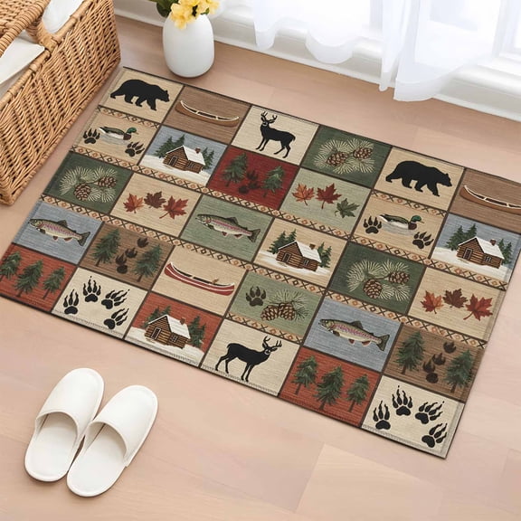 Area Rug 2x3ft Vintage Bear Forest Deer Fish Village Area Rugs Washable Low Pile Floor Carpet for Bedroom, Retro Wildlife Themes Non Slip Soft Rugs for Living Room Entryway Dining Room