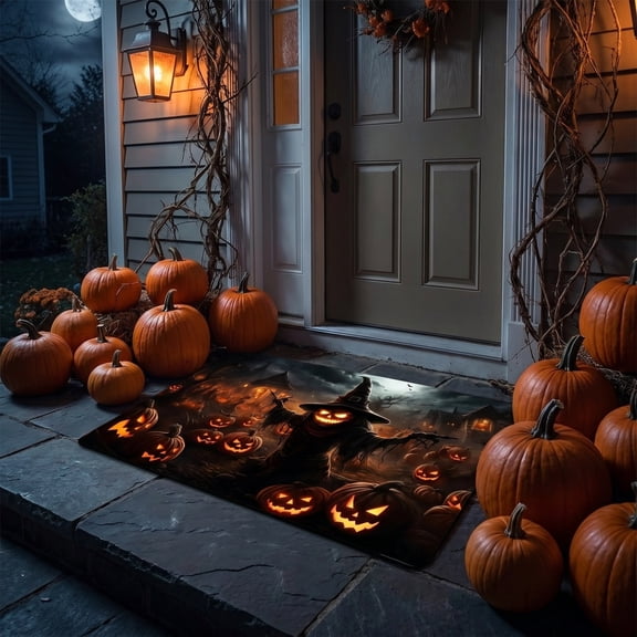 Halloween Themed Doormat Entryway Rug, Spooky Pumpkin Front Door Mat for Trick or Treaters, Non Slip Washable Mat for Indoor and Outdoor, Festive Halloween Floor Decoration for Home