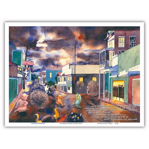 Tumbleweed Terror - Invasion of the Giant Tumbleweeds 1989 - From an Original Hawaii Watercolor Painting by Peggy Chun - Master Art Print (Unframed) 9in x 12in