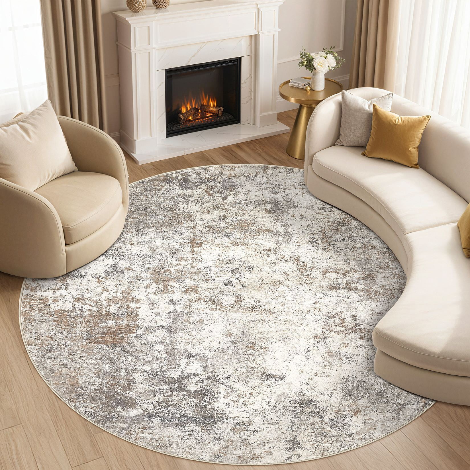 Toyoso 8x8 Round Washable Area Rug Large Abstract Modern Brown Grey Circle Rug Machine Washable Luxury Area Rug For Living Room Dining Room Foyer Home Decor