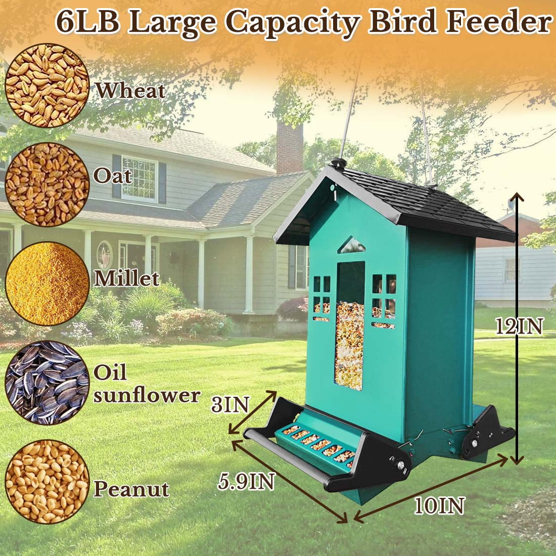 5LBS Bird Feeder Squirrel Proof, Hanging Bird Feeders for Outdoors, Large Capacity Metal Bird Seed Feeder, Weight-Activated Perches Wild Birdfeeder for Blue Jay, Cardinal, Garden