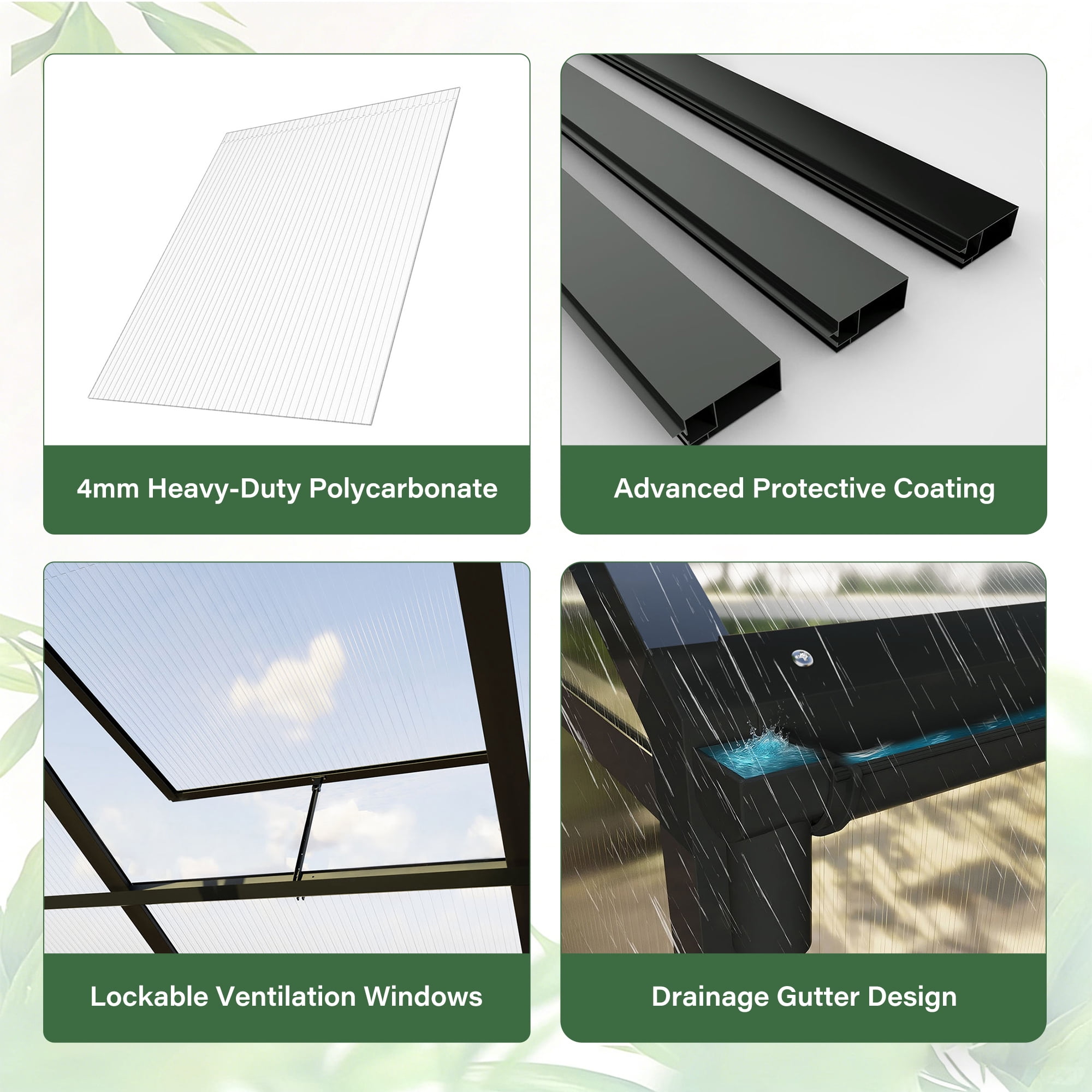 PABIMIA  8 x 16 ft Polycarbonate Outdoor Greenhouse, Walk-in Aluminum Greenhouse with Roof Vent, Black