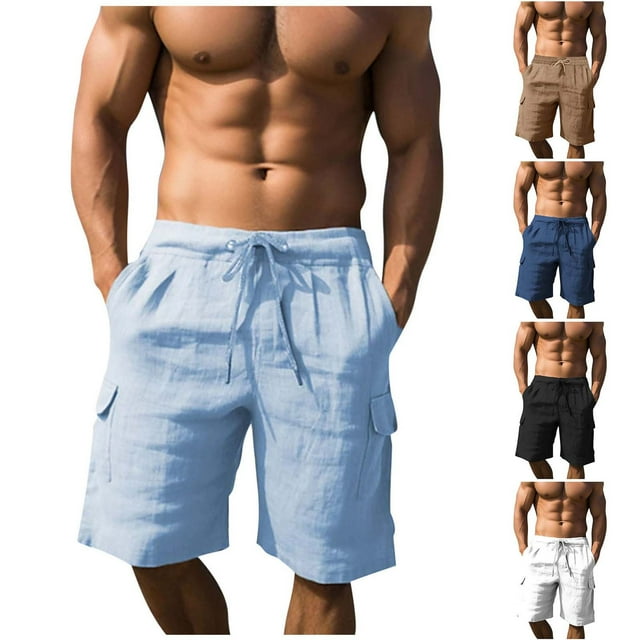 Men Linen Solid Color Casual Fashion Drawstring Elastic Waist Straight Leg Ventilate Pockets Beach Pants
