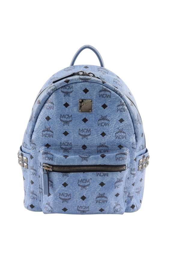 Pre-Owned MCM Stark Backpack/Daypack, Logo Gram Studded Leather, Light Blue, 2-way, A5 Size,...