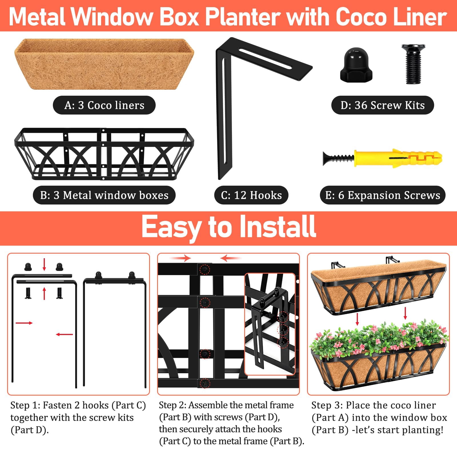 24in Metal Railing Planter Window Box 3 Pack For Deck Balcony Porch Fence Indoor Outdoor Plants