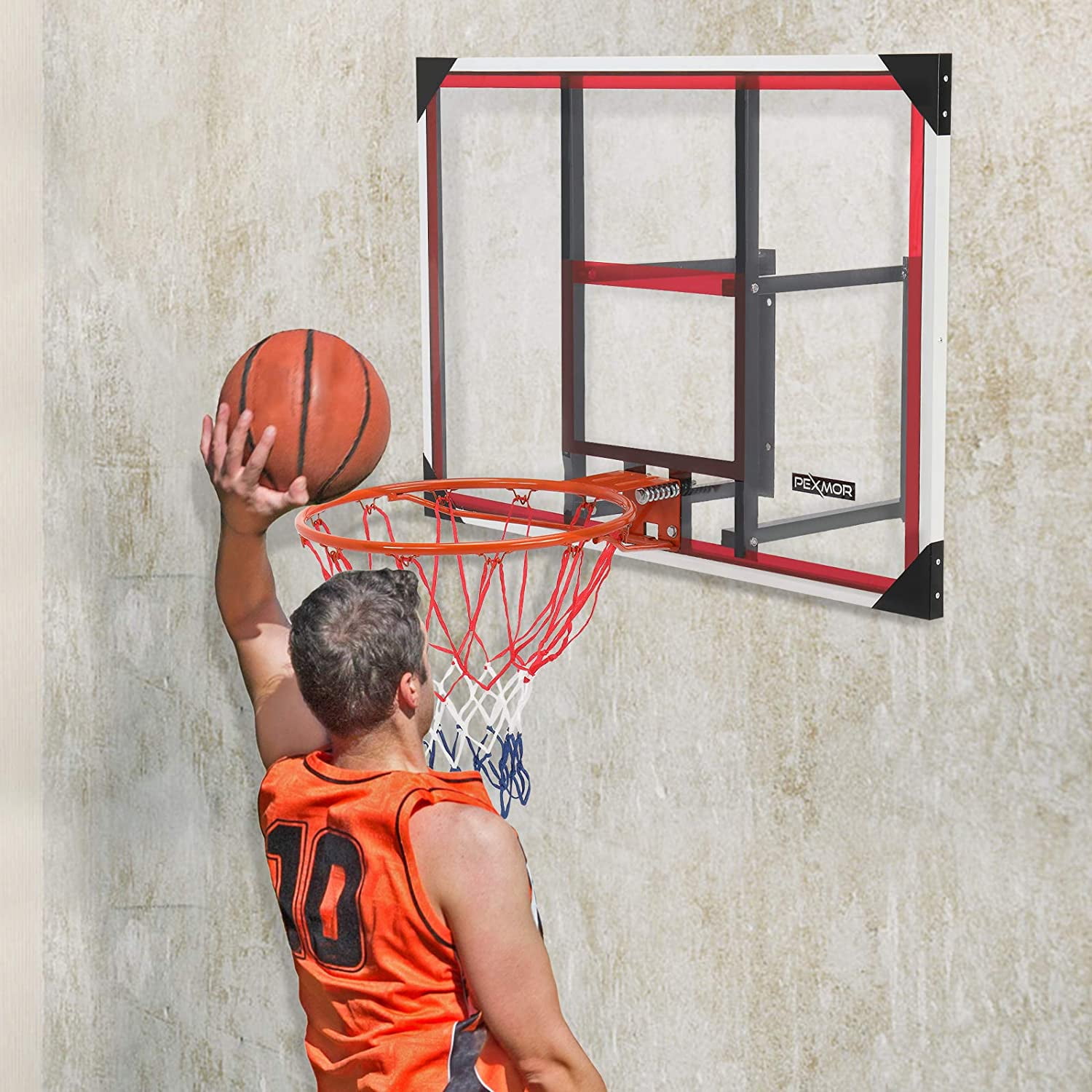 PEXMOR Wall-Mount 44\'\' Basketball Backboard and Rim Shatterproof  Polycarbonate & All-Steel Rustproof Frame & for Standard No.7 Balls