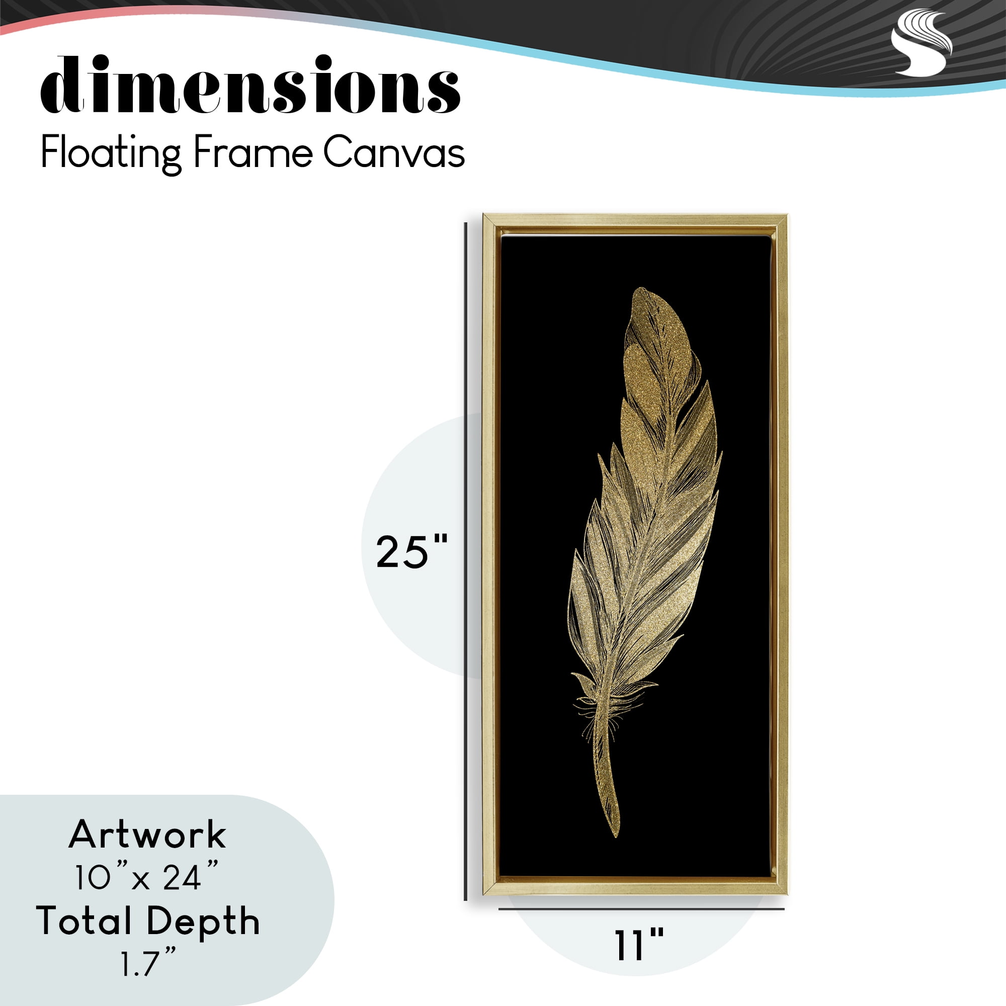 Glam Feather Black & Gold Gold Framed Floater Canvas Wall Art, design by Kim Allen