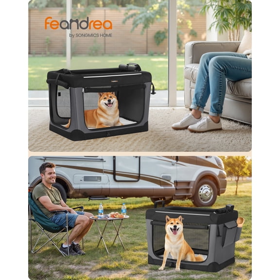 30-Inch Collapsible Dog Crate, Portable Pet Carrier with 4 Mesh Doors & Safety Zippers, Water-Resistant Soft Kennel for Medium Dogs, Ink Black