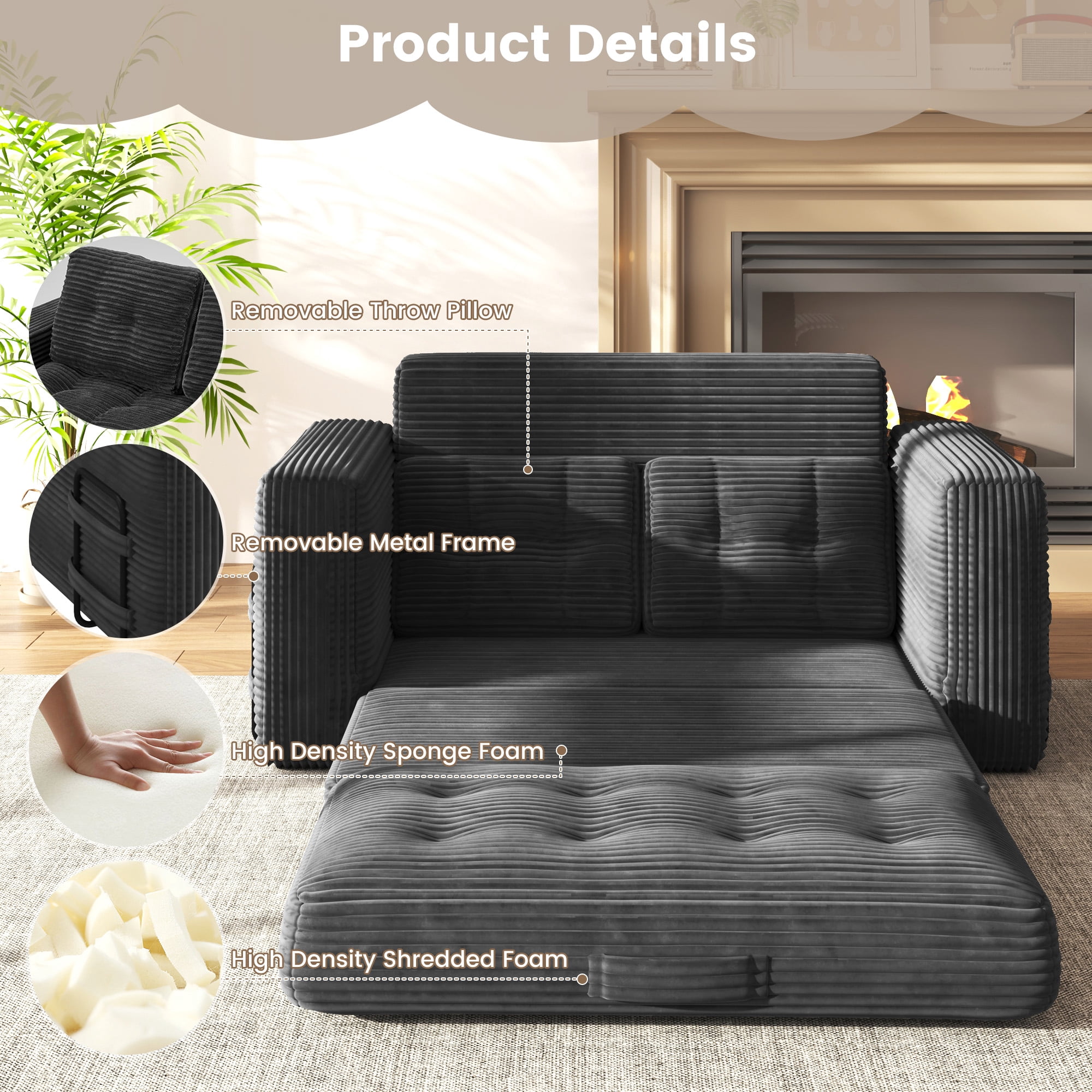Erinnyees 2-in-1 Sleeper Sofa, No Assembly Corduroy Loveseat, Converts to Bed with Deep Seat & 2 Included Pillows